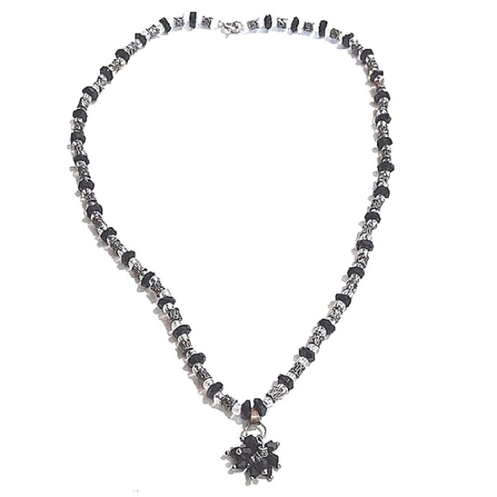 VINTAGE BLACK CLEAR SILVER-TONE CRYSTAL CLUSTERED BEADED 19" NECKLACE
